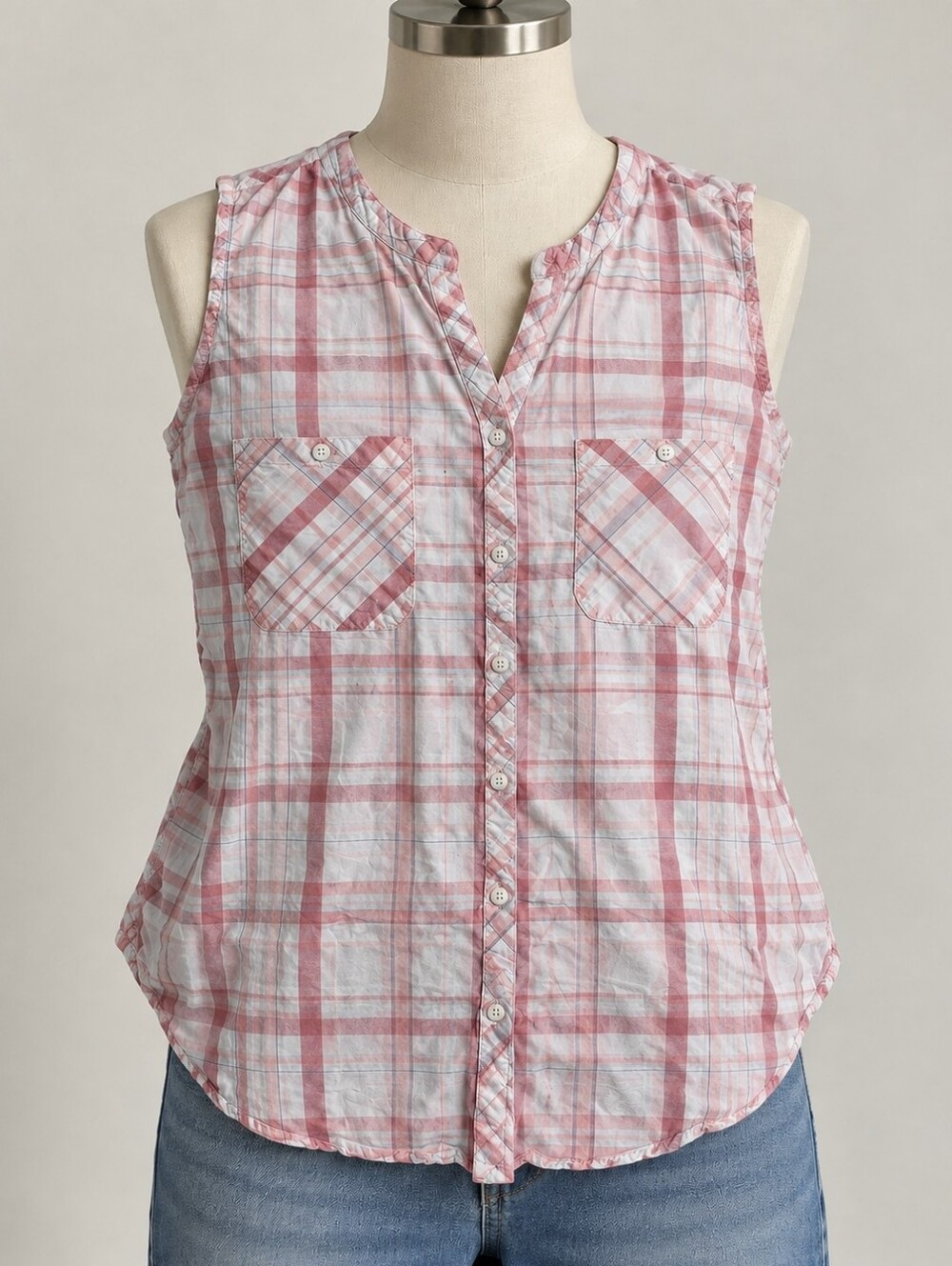 Denver Hayes | Sleeveless Pink/Blue Plaid Button Up